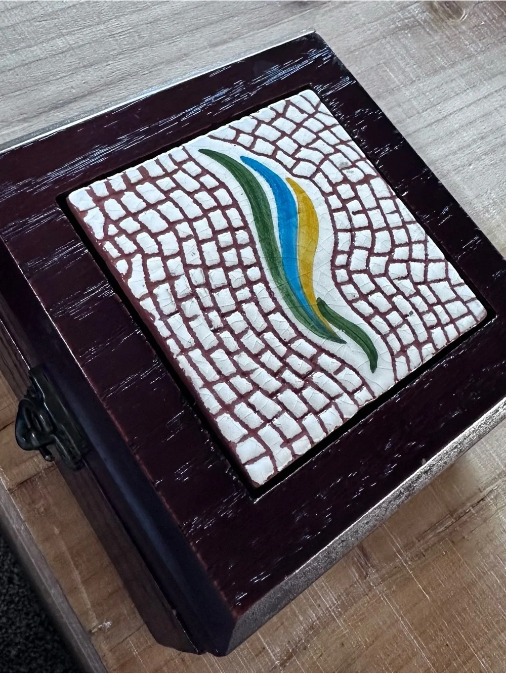 Handcrafted Dark Wood Jewelry Box with Decorative Tile